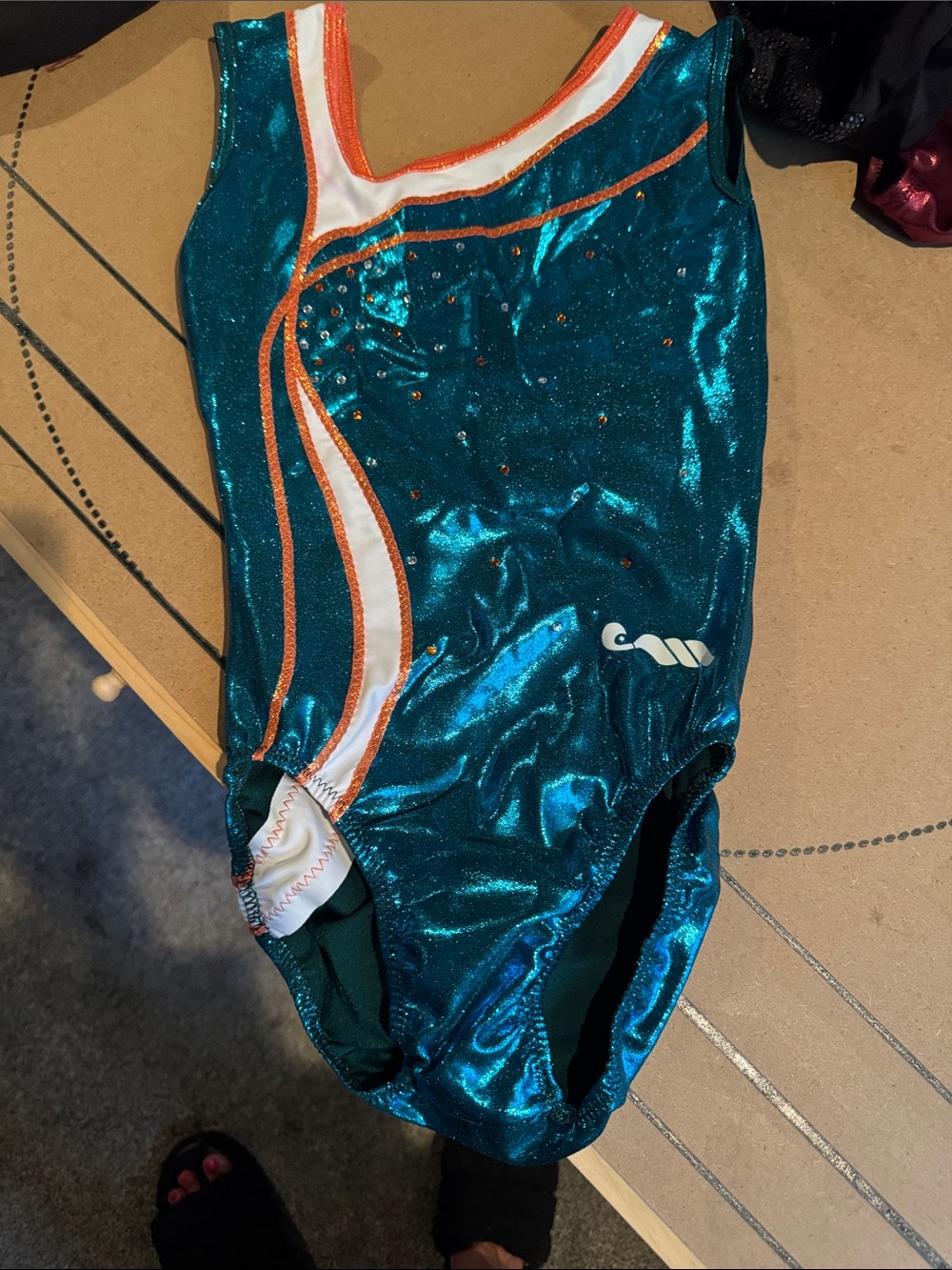 Kids Teal Shimmer One-Piece Leotard with Orange & White Accents